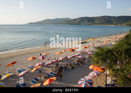 View over Patong Beach with a lot of parasols and sunloungers, Ao Patong, Hat Patong, Phuket, Thailand, after the tsunami Stock Photo