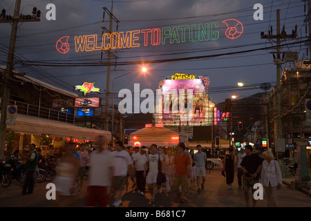 Tourists strolling over Bang-La Road in the evening, bar district, Patong Beach, Ao Patong, Hat Patong, Phuket, Thailand, after Stock Photo