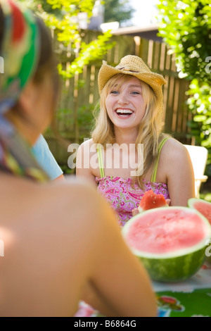 Woman Eating Watermelon, Portland, Oregon, USA Stock Photo
