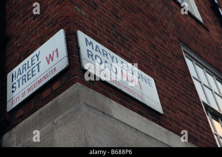 united kingdom london marylebone road and harley street road signs Stock Photo