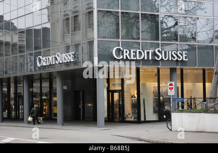 Logo and lettering on a Credit Suisse Bank building in Basel,Switzerland Stock Photo