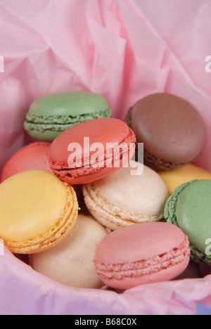 A selection of macaroons with different fillings (vanilla, strawberry, raspberry, lemon, chocolate and pistachio) Stock Photo