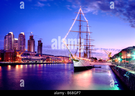 Lateral/frontal  view of Frigate Sarmiento at dusk, Puerto Madero Buenos Aires, Argentina Stock Photo