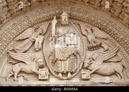 Romanesque stone bas relief on portal of the Saint Trophimus cathedral (1170-1180), Arles, Provence, France Stock Photo