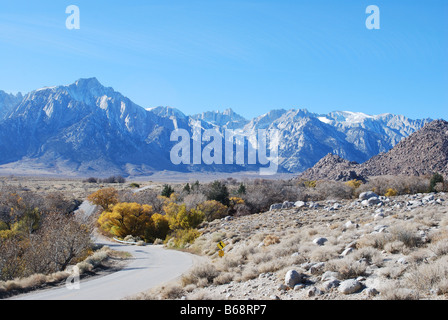 Mt Whitney the rocky peak in center California with Whitney Portal road Stock Photo