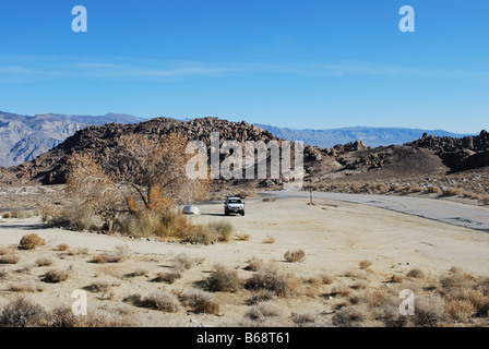 Movie Flats Lone Pine CA with Whitney Portal road and the Alabama Hills in area where many western movies were filmed Stock Photo