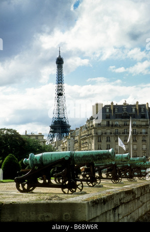 Eiffel Tower, Paris, France as seen over canons at Les Invalides Stock Photo