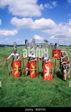 Roman soldiers soldier historical re-enactment Stonehenge Wiltshire military weapons weaponry javelin shield helmet armour arms Stock Photo