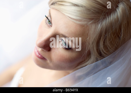 Bride wearing veil, close up Stock Photo