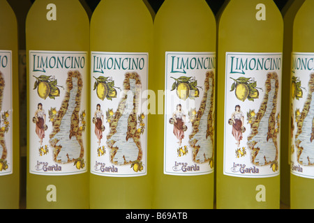 Bottles of Limoncino from Lake Garda region for sale in Italy Stock Photo