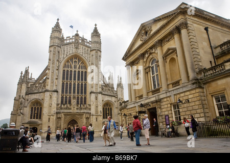 Bath Abbey and the Roman Baths in Bath, England Stock Photo