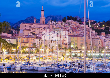 Coastal Vilage Menton with harbour at french Cote d Azur at dusk, France, Europe, EU Stock Photo