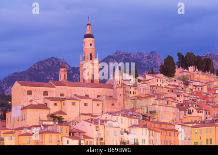 Coastal Vilage Menton with harbour at french Cote d Azur at dusk, France, Europe, EU Stock Photo