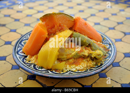 Couscous with vegetables and chicken as served in Marrakech, Morocco Stock Photo