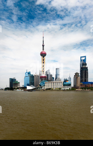 Buildings at the waterfront, Oriental Pearl Tower, Lujiazui, Huangpu River, The Bund, Shanghai, China Stock Photo