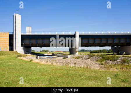 The water bridge of the canal Mittellandkanal crosses the river Elbe Stock Photo