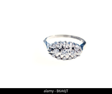 Diamond Tiffany style ring head on shot on white background cut out. Multiple diamonds in oval setting. Stock Photo