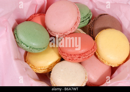 A selection of macaroons with different fillings (vanilla, strawberry, raspberry, lemon, chocolate and pistachio) Stock Photo