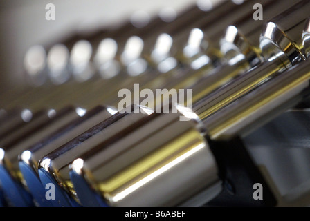 Dumbells on a rack in a gym Stock Photo