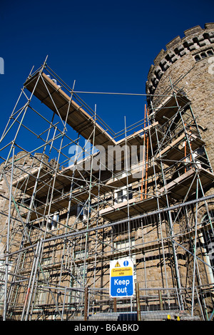 Scaffolding and construction site keep out sign Cyfarthfa Castle Merthyr Tydfil Wales UK Stock Photo