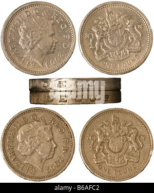 Fake one pound coin (above) compared to real (below) showing difference in colour, detail, and writing around the edge Stock Photo