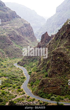 Road through mountain gorge the Barranco de Guayadeque Gran Canaria Spain Stock Photo