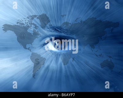 Continental abstract wallpaper with world map and blue eyes Stock Photo