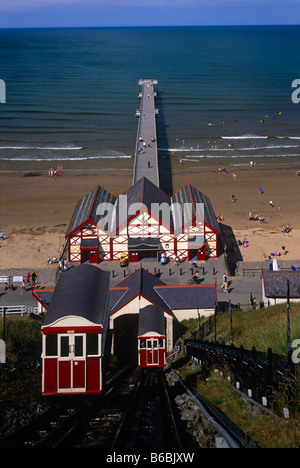 Summer view of the incline of the Saltburn Cliff Railway and pier, Saltburn, Tees Valley Stock Photo