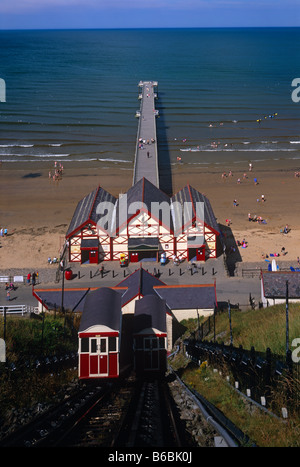 Summer view of the incline of the Saltburn Cliff Railway and pier, Saltburn, Tees Valley Stock Photo