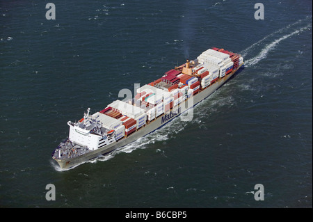 aerial view above fully loaded Matson container ship Mahimahi Stock Photo
