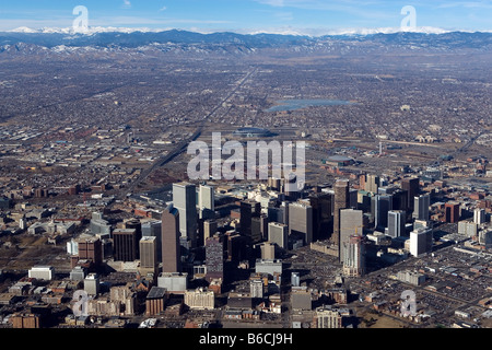 aerial view above Denver Colorado skyline to Rocky Mountain Front Range mountains Stock Photo