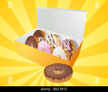 Box of assorted donuts illustration on radial burst Stock Photo - Alamy