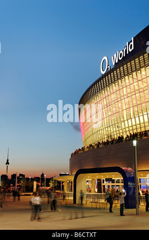 Office building lit up at dusk, O2 world, Kreuzberg, Berlin, Germany Stock Photo