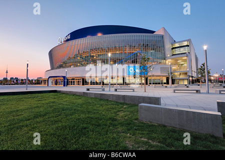 Office building lit up at dusk, O2 world, Kreuzberg, Berlin, Germany Stock Photo