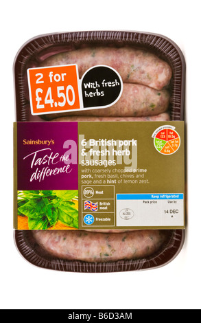 6 British pork and fresh herb sausages from Sainsburys Taste the difference range of food products sold in the UK Stock Photo