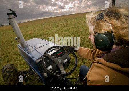 Woman operating a tractor on a farm in New York State in November Stock Photo