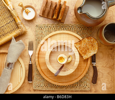 Natural healthy wooden breakfast table setting Stock Photo