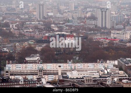 Oblique aerial view of the Brunswick Centre (foreground), Coram Fields (behind), Clerkenwell and east London, England Stock Photo