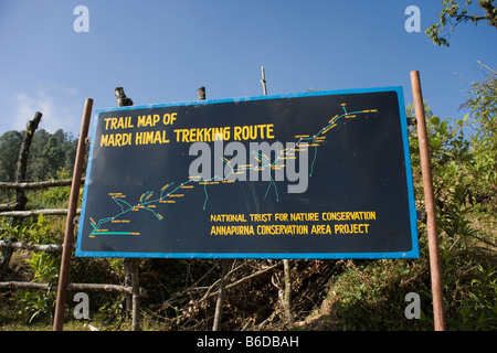 Trail Map of the Mardi Himal Trekking route at Pothana in the Annapurna region of the Himalayas in Nepal Stock Photo
