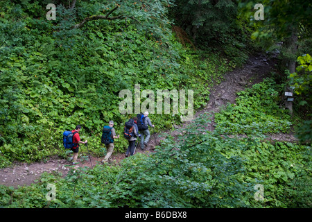Group of hikers on narrow trail near Koenigssee Berchtesgaden Alps Germany August 2008 Stock Photo