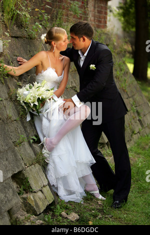 Happy newlywed couple looking loving at each other Stock Photo