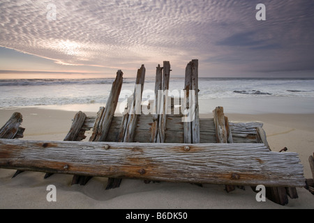 Africa Namibia Skeleton Coast Wilderness Remains of the shipwrecked fishing boat FV Southwest Seas along white sand beach Stock Photo