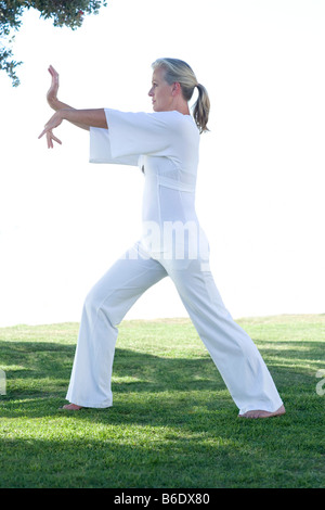 Senior woman performing Tai Chi exercise Stock Photo