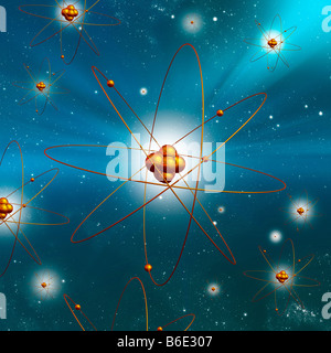 Atomic structure. Computer artwork of electronsorbiting a central ...