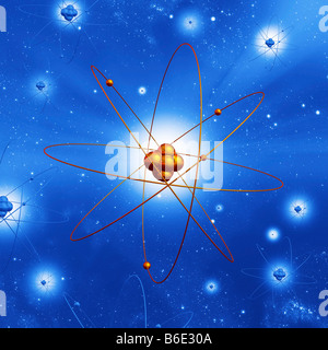 Atomic structure. Computer artwork of electronsorbiting a central ...