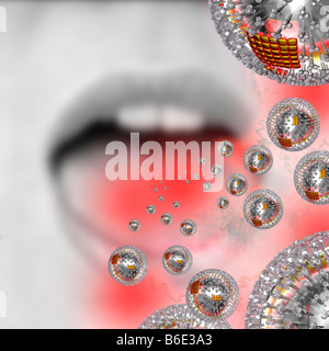 Woman releasing influenza virus particles from mouth while coughing Stock Photo