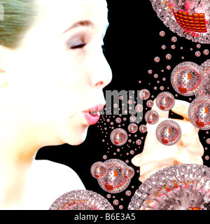 Woman releasing influenza virus particles from mouth while sneezing Stock Photo