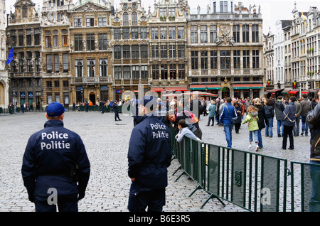 Belgian Police is taking preventive action in front of Town Hall, for VIP visitor in Grand Place, Brussels, Belgium. April 2008 Stock Photo