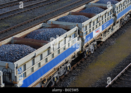 Network Rail loaded ballast wagons at Hinksey Yard, Oxford, England, UK Stock Photo