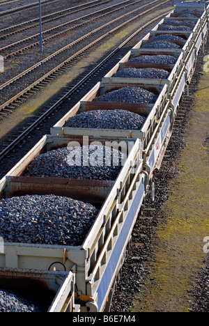 Network Rail loaded ballast wagons at Hinksey Yard, Oxford, England, UK Stock Photo